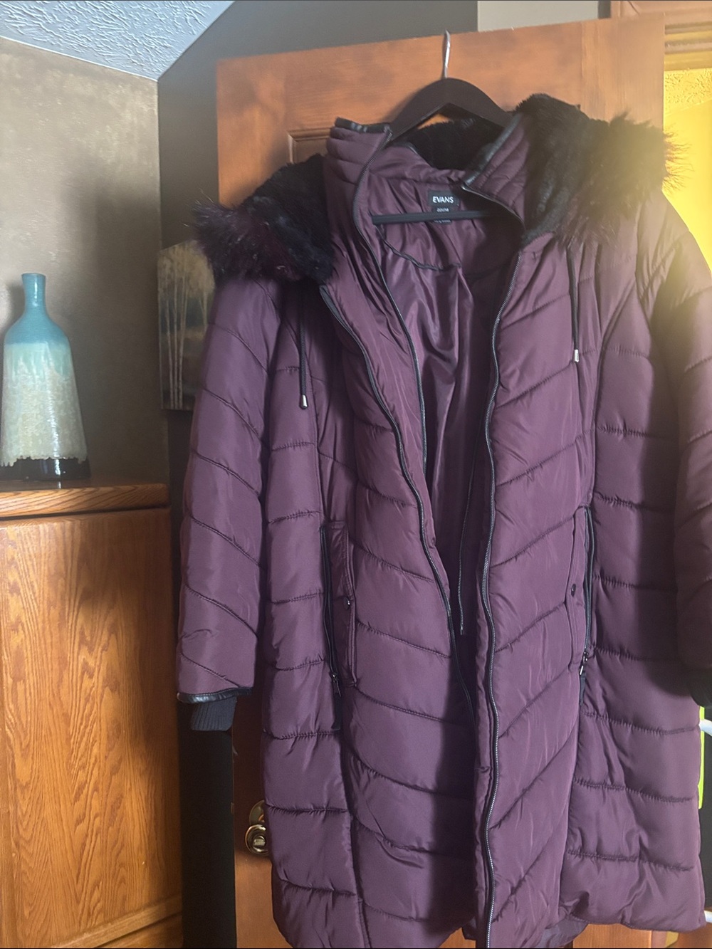 Vans Women's Long Quilted Hooded Puffer Coat in Plum with Faux-Fur Trim
